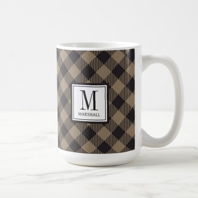Buffalo Kariert Khaki Monogram Name Kaffeetasse (Rechts)