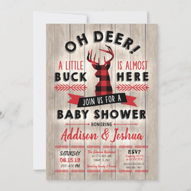 Buffalo Kariert kleine Buck Oh Deer Baby Dusche Einladung (Vorderseite)