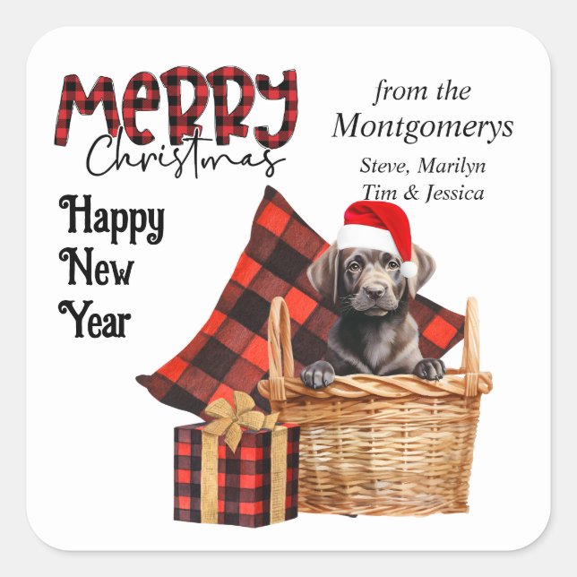 Buffalo Kariert Labrador Retriever Puppy Christmas Quadratischer Aufkleber (Vorderseite)