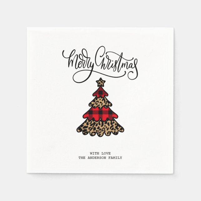 Buffalo Kariert & Leopard Muster Weihnachtsbaum Serviette (Vorderseite)