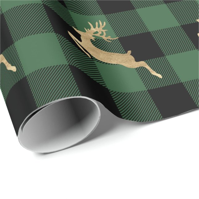 Buffalo Kariert Lomberjack Gold Rentier Grünes Hol Geschenkpapier (Rolleneckpunkt)