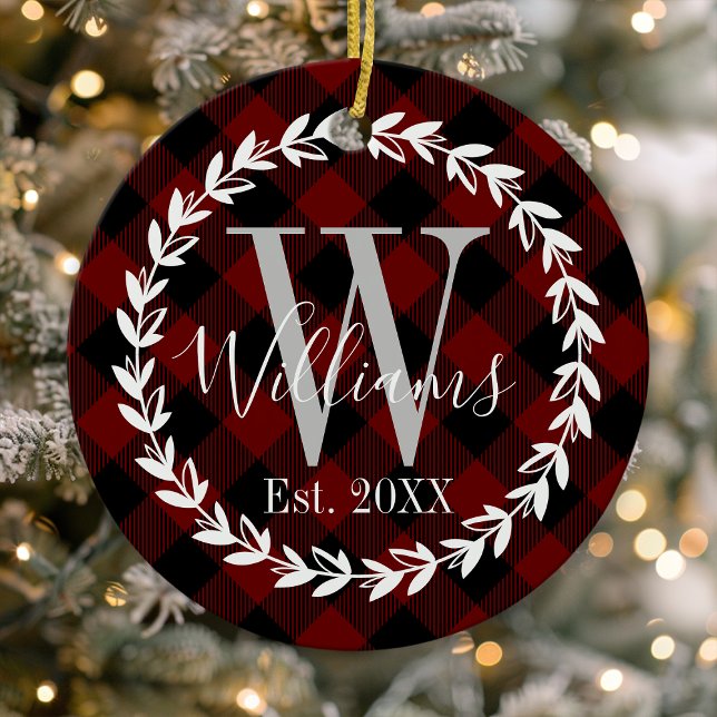 Buffalo Kariert Monogram Name Familie Weihnachten Keramik Ornament (Von Creator hochgeladen)