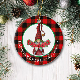 Buffalo Kariert Poinsettia Gnome Keramik Ornament