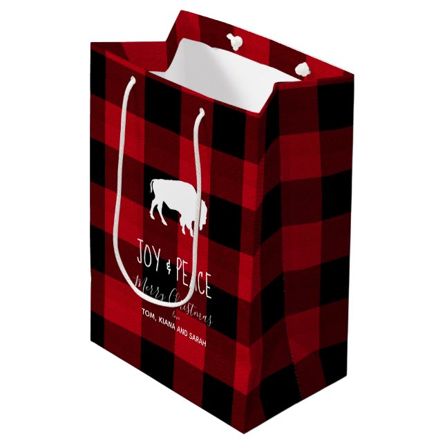 Buffalo Kariert Red and Black Joy & Peace ID603 Mittlere Geschenktüte (Vorderseite Schrägansicht)