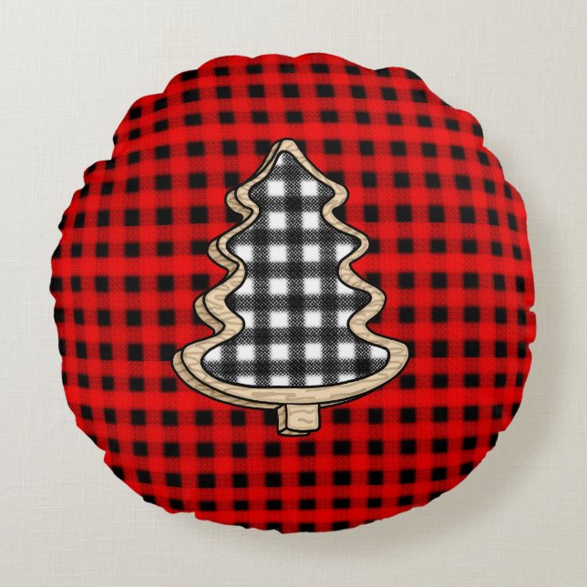 Buffalo Kariert, Red Gingham Weihnachtsbaumen Rundes Kissen (Vorderseite)