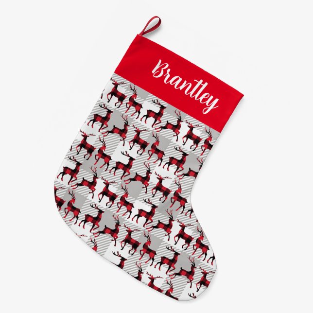 Buffalo Kariert Reindeers auf Gray Buffalo Kariert Großer Weihnachtsstrumpf (Vorderansicht (hängend))