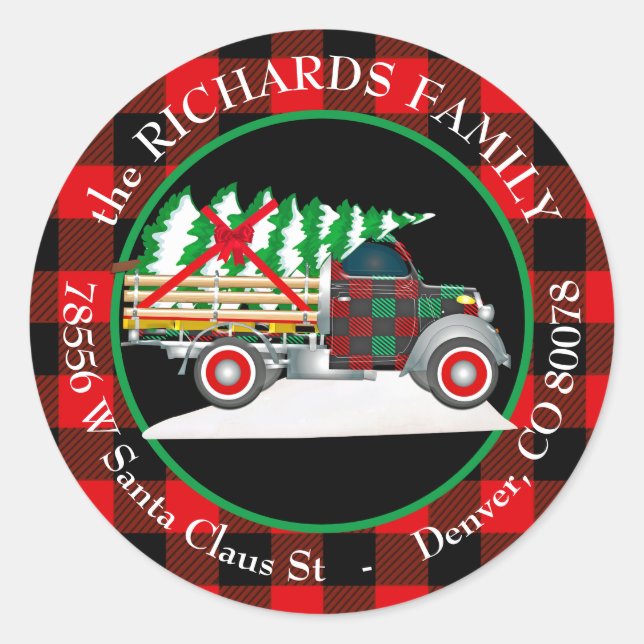 Buffalo Kariert Retro Truck Weihnachtsfeierliche R Runder Aufkleber (Vorderseite)