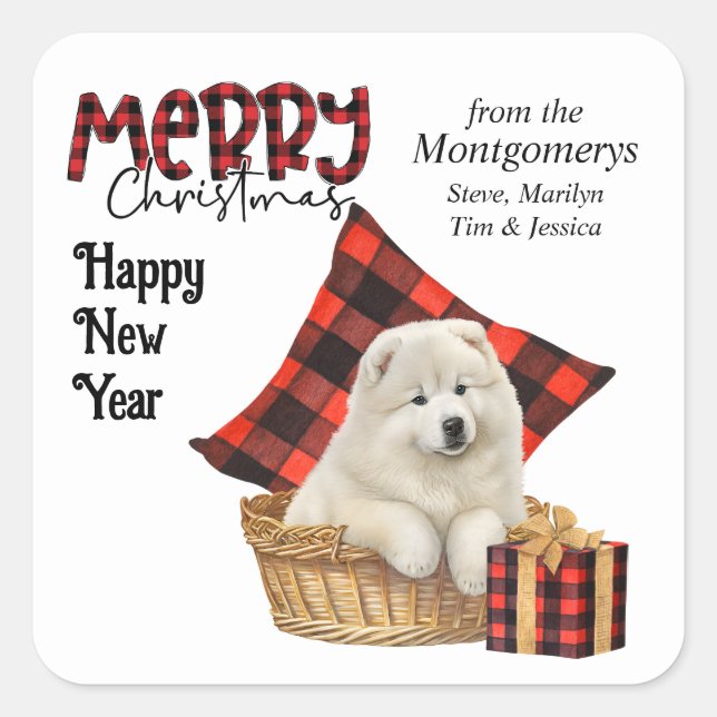 Buffalo Kariert Samoyed Puppy Christmas Quadratischer Aufkleber (Vorderseite)
