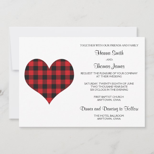 Buffalo Kariert Wedding Black Red Heart Einladung (Vorderseite)