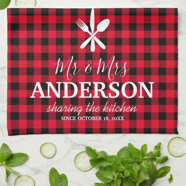 Buffalo Kariert Wedding Couple Name Geschirrtuch (Gefaltet)