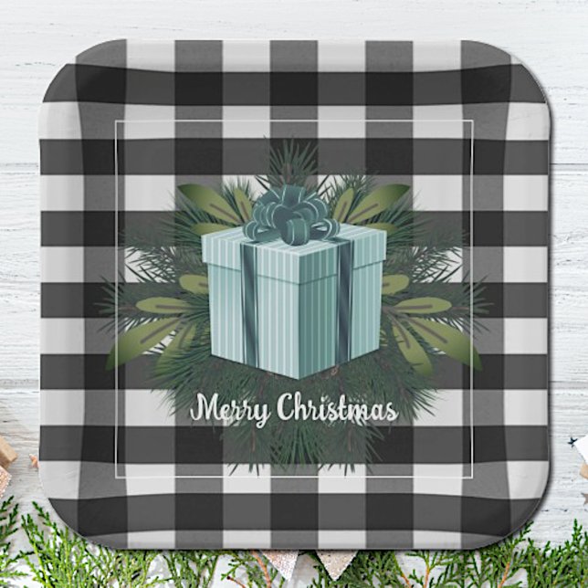 Buffalo Kariert Weihnachtsgeschenk | AQUAMARIN Pappteller (Teal Buffalo Plaid Christmas Gift Paper Plates)