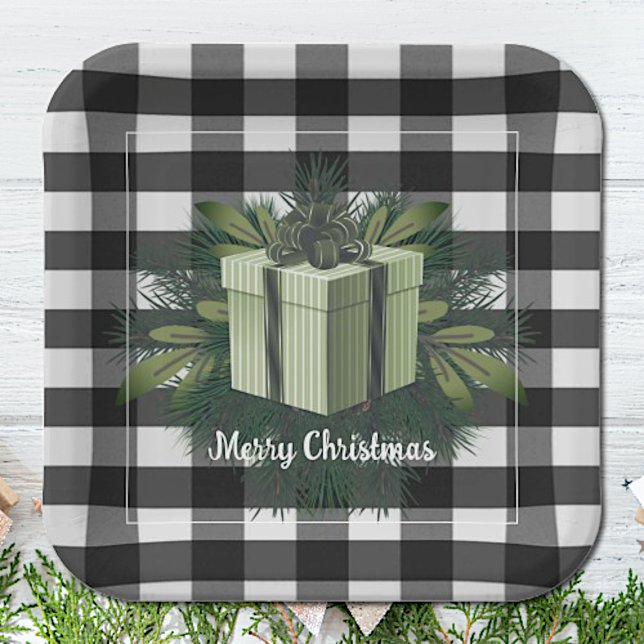 Buffalo Kariert Weihnachtsgeschenk | Grün Pappteller (Green Buffalo Plaid Christmas Gift Paper Plates)