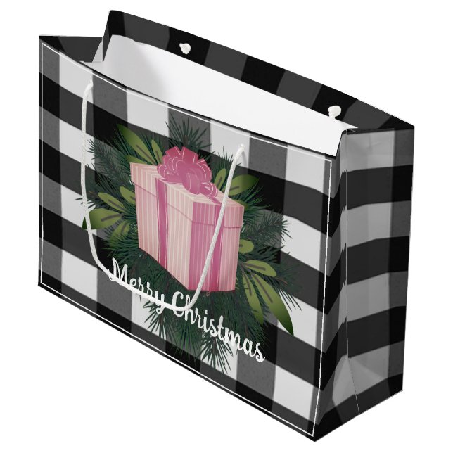 Buffalo Kariert Weihnachtsgeschenk | Rosa Große Geschenktüte (Vorderseite Schrägansicht)