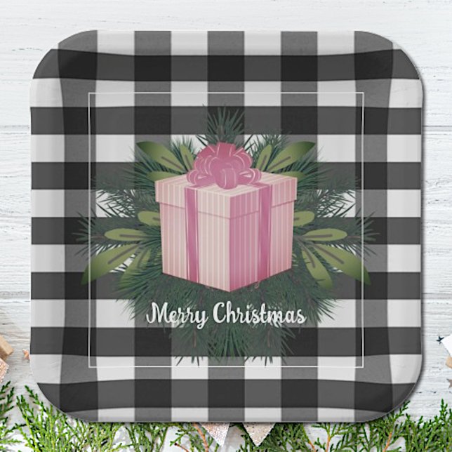 Buffalo Kariert Weihnachtsgeschenk | Rosa Pappteller (Pink Buffalo Plaid Christmas Gift Paper Plates)