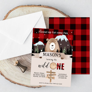 Buffalo Kariert Wild One Bear 1. Geburtstag Einladung