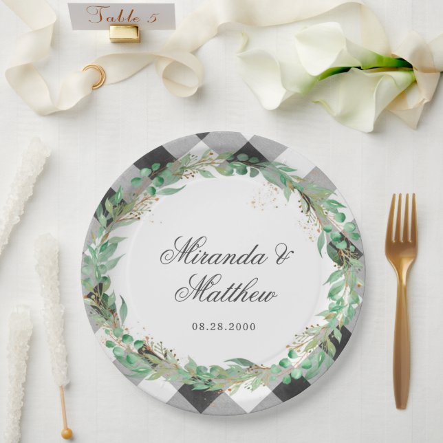 Buffalo Kariert Winter Green Wreath Wedding Pappteller (Hochzeit)