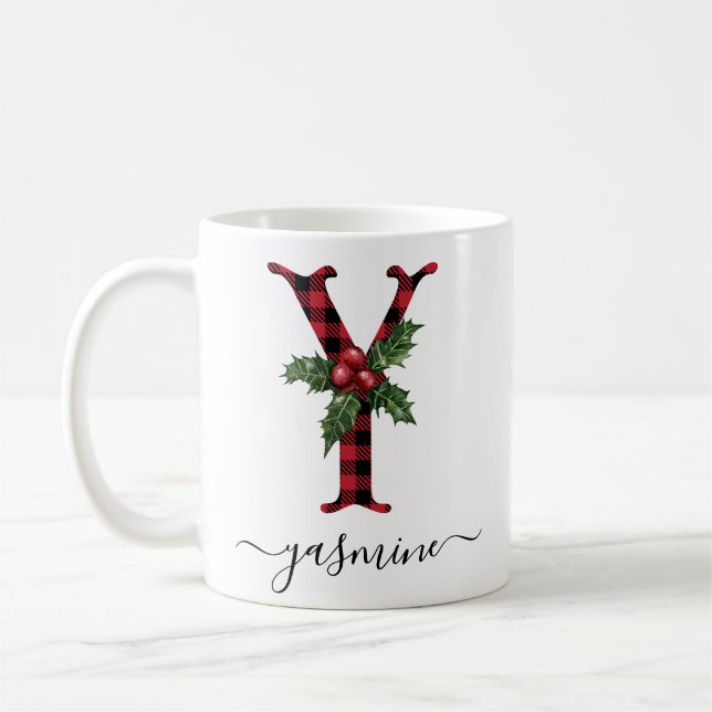 Buffalo Kariert Y Monogram Weihnachtskaffee Tasse (Links)