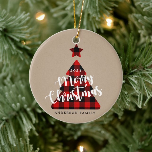 Buffalo Karierten Weihnachtsbaum Kraft Foto Keramik Ornament (Baum)