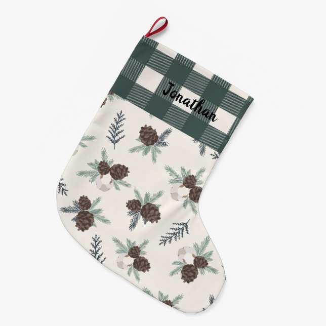 Buffalo Karo Gingham Name Hunter Green Niedlich Großer Weihnachtsstrumpf (Vorderansicht (hängend))