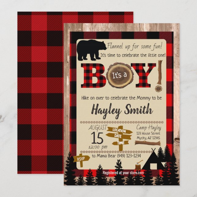 Buffalo Karo Kariert Bear Lumberjack Babydusche Einladung (Vorne/Hinten)