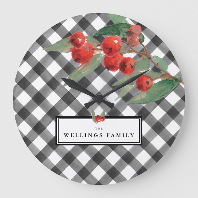Buffalo Karo Kariert Schwarz-weiß Familienname Große Wanduhr (Vorderseite)