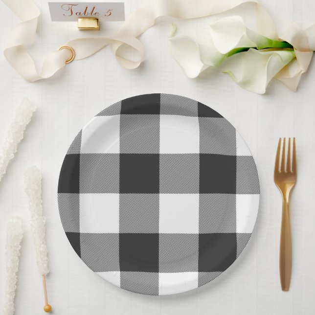 Buffalo Karo Karierte weiße und schwarze Quadrate Pappteller (Hochzeit)