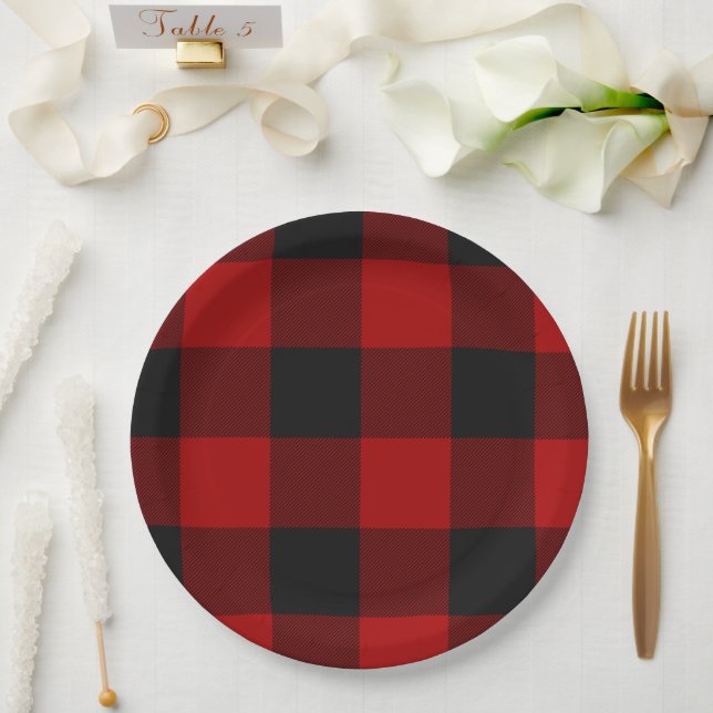 Buffalo Karo Rot und Schwarze Quadrate Kariert Pappteller (Hochzeit)