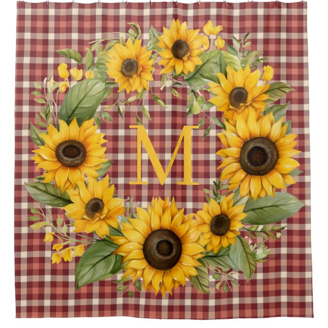 Buffalo Karo Sonnenblumen Monogramm Duschvorhang (Vorderseite)