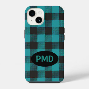 Buffalo-Karo Türkis Türk Blau Schwarz Monogramm iPhone 14 Hülle