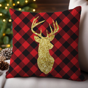 Buffalo-Karo und goldenes Hirsch-Weihnachtsmotiv Kissen