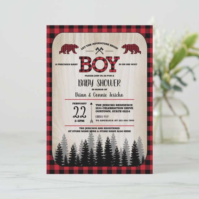 Buffalo Karo Woodland Lumberjack Babydusche Einladung (Stehend Vorderseite)