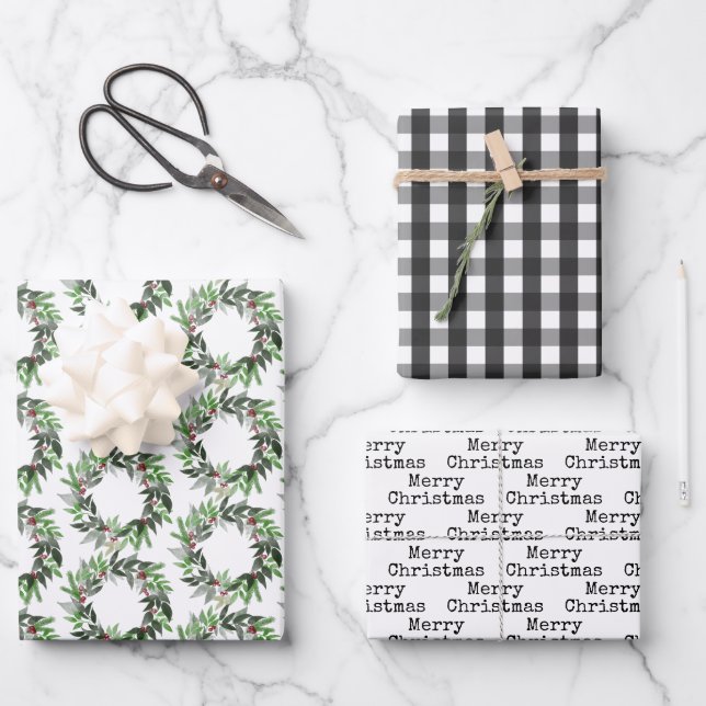 Buffalo Karo Wreath Schreibmaschine Weihnachten Geschenkpapier Set (Vorderseite)