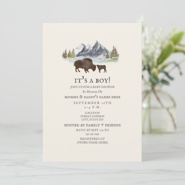 Buffalo Mama Mountain Watercolor Babydusche Einladung (Stehend Vorderseite)