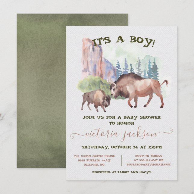 Buffalo Mommy & Baby rustikale Aquarelldusche Einladung (Vorne/Hinten)
