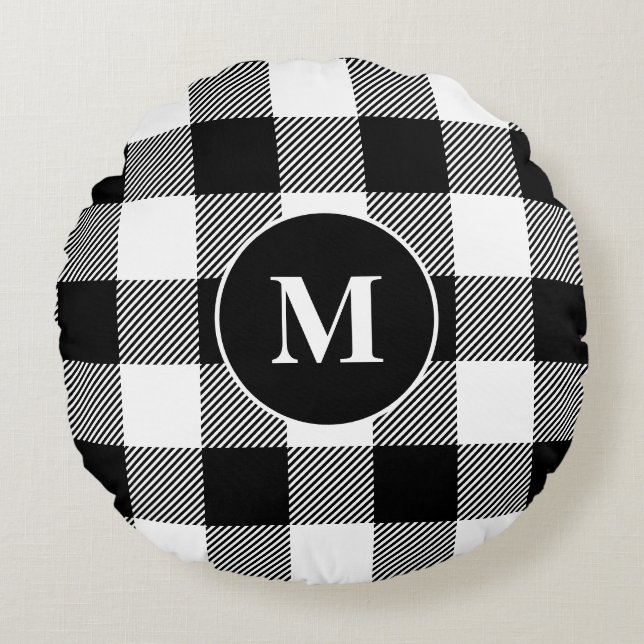 Buffalo Muster Monogram Holiday Black and White Rundes Kissen (Vorderseite)