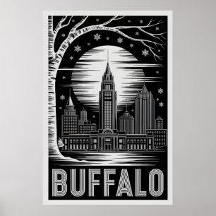 Buffalo New York Skyline Schwarz Weiß Holzschnitt Poster