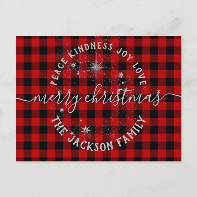 Buffalo Plaid Argent Script Joyeuse carte de Noël (Devant)