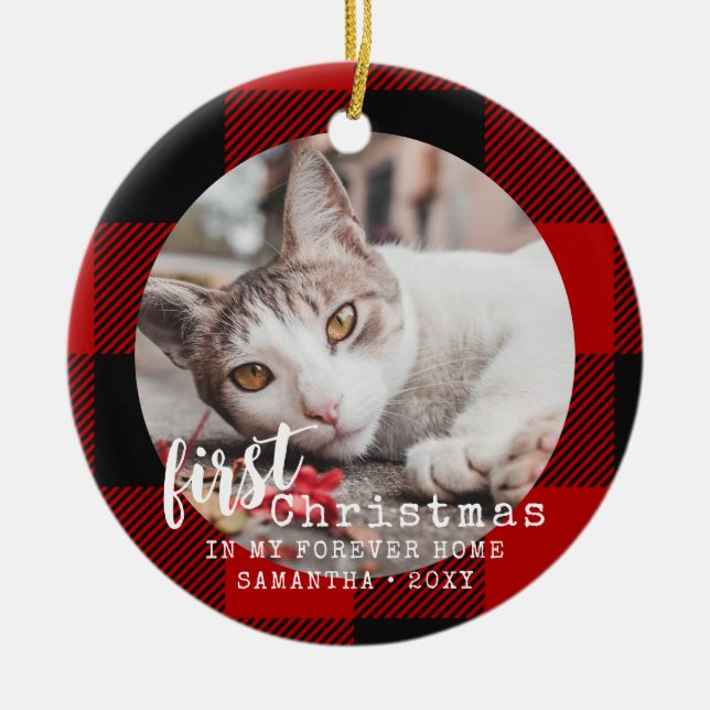 Buffalo Plaid Cat First Christmas Photo Keramik Ornament (Vorne)