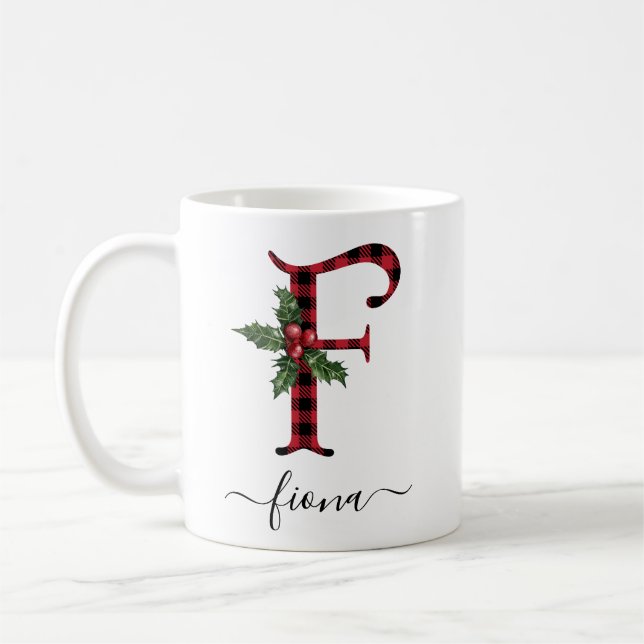 Buffalo Plaid F Monogram Christmas Coffee Mug (Gauche)