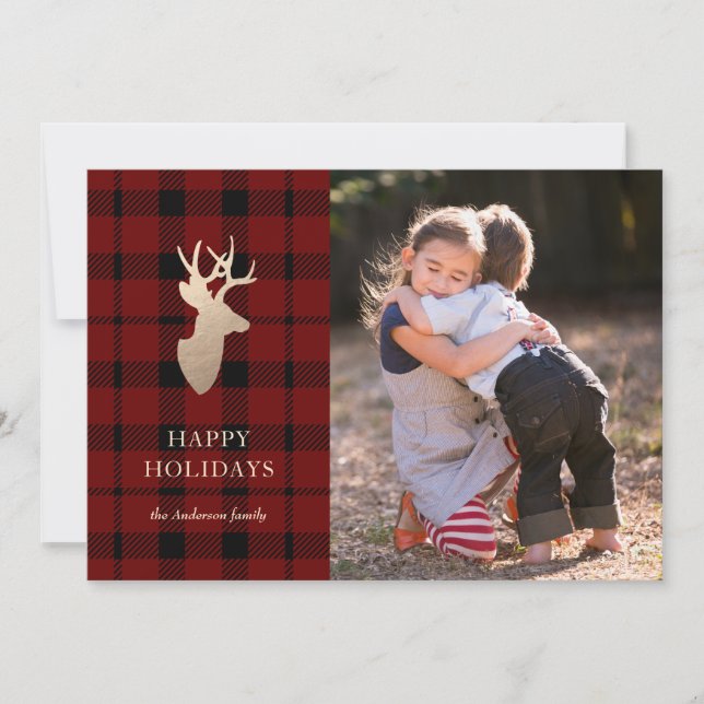 Buffalo Plaid Golden Deer Holiday Carte photo (Devant)