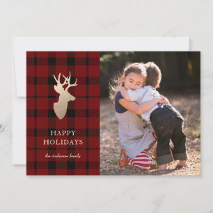 Buffalo Plaid Golden Deer Holiday Carte photo