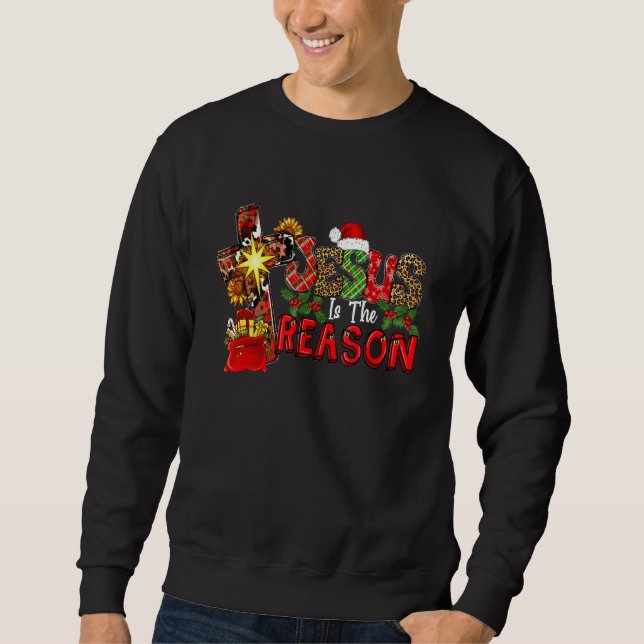 Buffalo Plaid Leopard Jesus Is The Reason Christma Sweatshirt (Vorderseite)