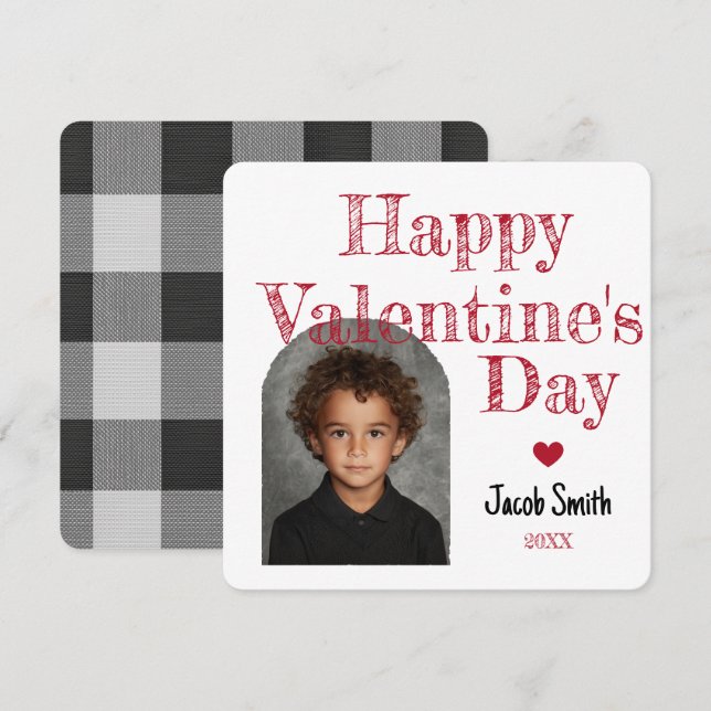 Buffalo Plaid Photo Valentine Kids Classroom Mitteilungskarte (Vorne/Hinten)