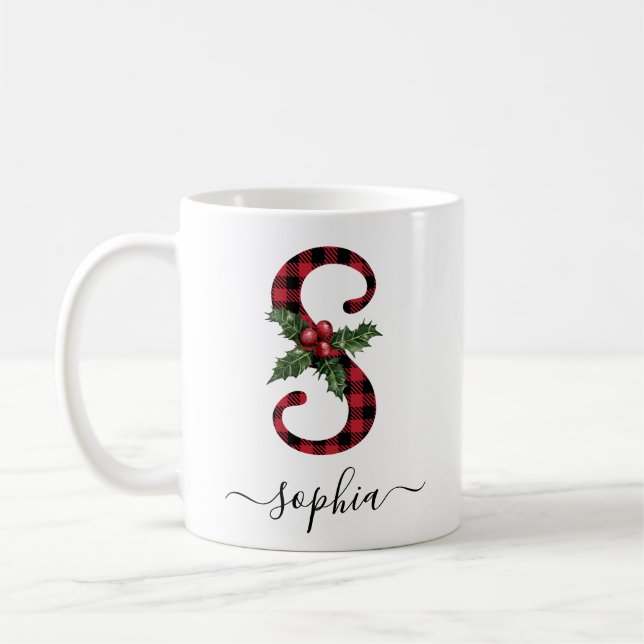 Buffalo Plaid S Monogram Christmas Coffee Mug (Gauche)