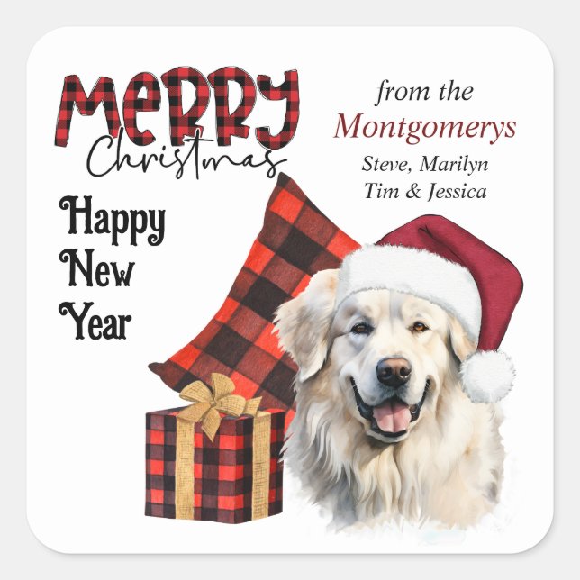 Buffalo Plaid Santa Hat Great Pyrenees Dog Quadratischer Aufkleber (Vorderseite)