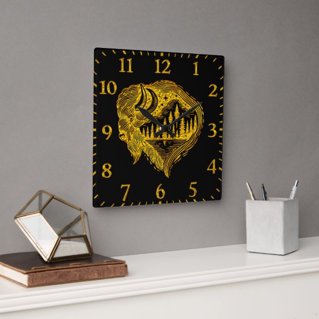 Buffalo-Silhouette mit Bergbau Quadratische Wanduhr (Büro)
