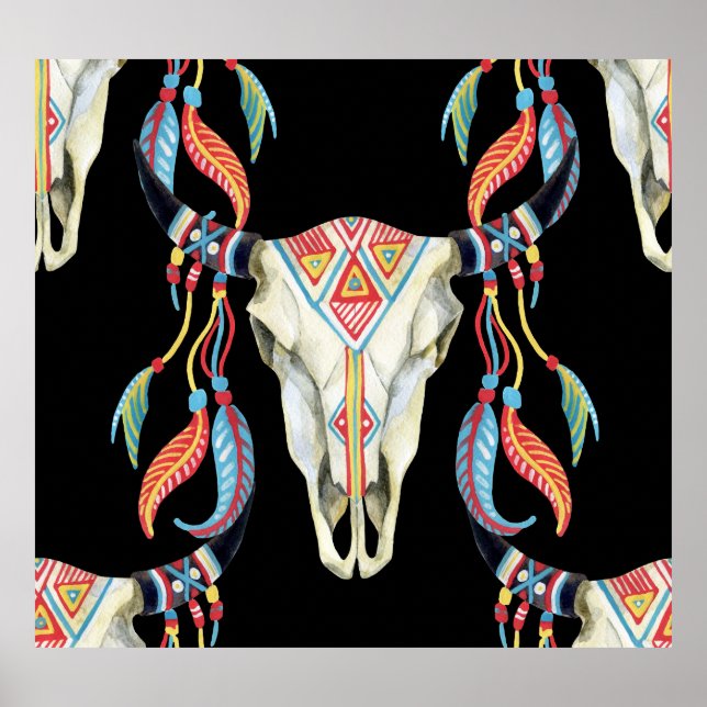 Buffalo Skull: Aquarellfarbener schwarzer Hintergr Poster (Vorne)