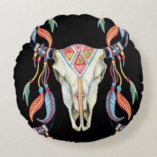 Buffalo Skull: Aquarellfarbener schwarzer Hintergr Rundes Kissen