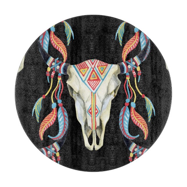 Buffalo Skull: Aquarellfarbener schwarzer Hintergr Schneidebrett (Vorderseite)