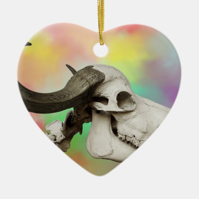 Buffalo Skull auf einem Aquarellbild Keramikornament (Vorne)